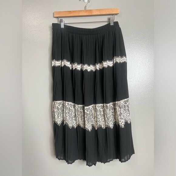 Adiva skirt black cream pleated floral lace feminine office twee artsy large - Picture 3 of 7